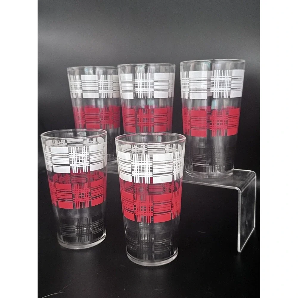 (5) Vintage Barware Hi-Ball Cocktail Glass Tumblers Black White & Red Plaid 5